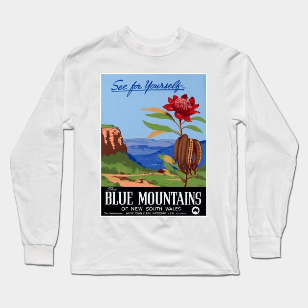 Vintage Travel Poster Blue Mountains See for yourself Australia Long Sleeve T-Shirt by vintagetreasure